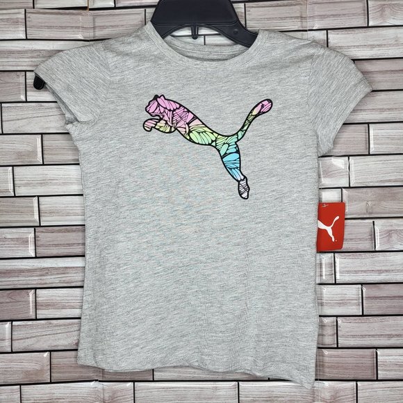NWT Puma‎ Girls Grey Short Cap Sleeve Crew Neck Graphic Print T Shirt Size 6 Top - Picture 1 of 12